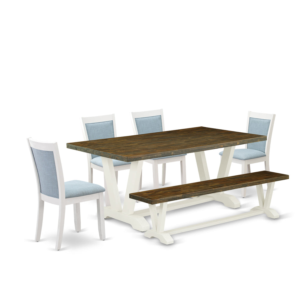 East West Furniture V077MZ015-6 6 Piece Dining Table Set Contains a Rectangle Dining Room Table with V-Legs and 4 Baby Blue Linen Fabric Parson Chairs with a Bench, 40x72 Inch, Multi-Color