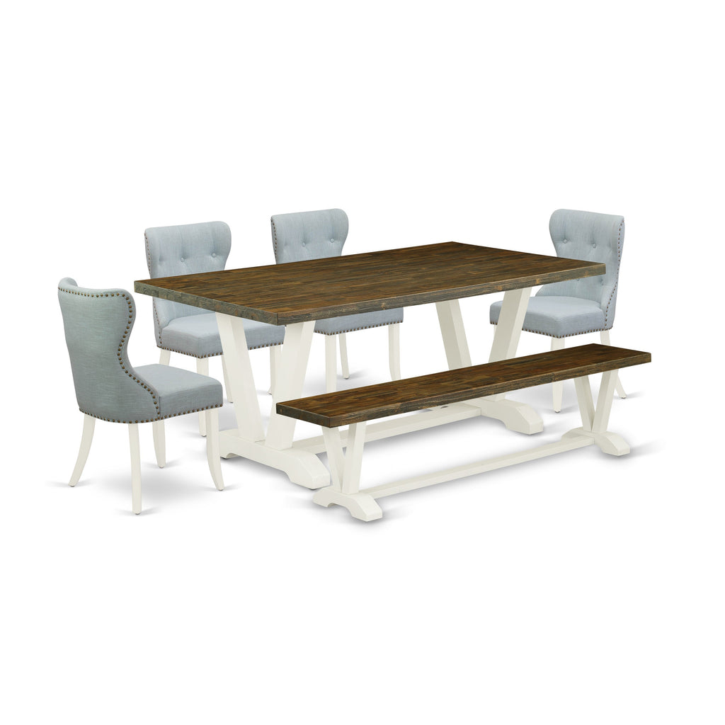 East West Furniture V077SI215-6 6 Piece Dining Table Set Contains a Rectangle Dining Room Table with V-Legs and 4 Baby Blue Linen Fabric Parson Chairs with a Bench, 40x72 Inch, Multi-Color