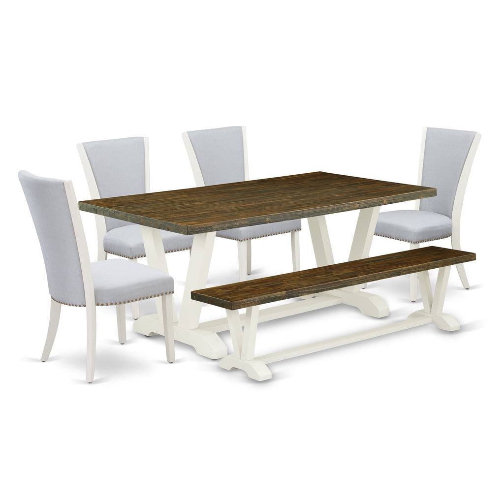 East West Furniture V077VE005-6 6 Piece Kitchen Table Set Contains a Rectangle Dining Table with V-Legs and 4 Grey Linen Fabric Parson Chairs with a Bench, 40x72 Inch, Multi-Color