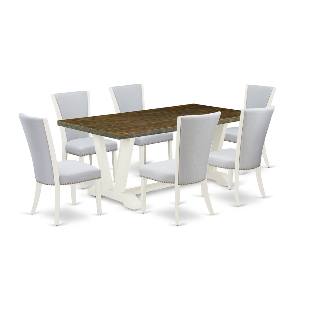 East West Furniture V077VE005-7 7 Piece Dining Room Furniture Set Consist of a Rectangle Dining Table with V-Legs and 6 Grey Linen Fabric Parsons Chairs, 40x72 Inch, Multi-Color