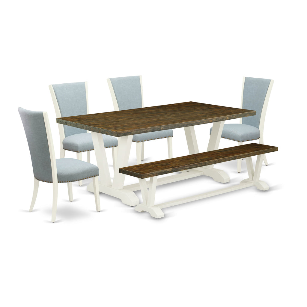 East West Furniture V077VE215-6 6 Piece Dining Table Set Contains a Rectangle Kitchen Table with V-Legs and 4 Baby Blue Linen Fabric Parson Chairs with a Bench, 40x72 Inch, Multi-Color