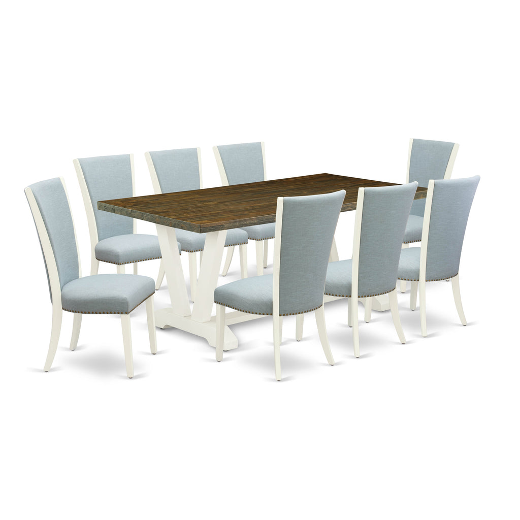 East West Furniture V077VE215-9 9 Piece Dining Room Furniture Set Includes a Rectangle Dining Table with V-Legs and 8 Baby Blue Linen Fabric Upholstered Chairs, 40x72 Inch, Multi-Color