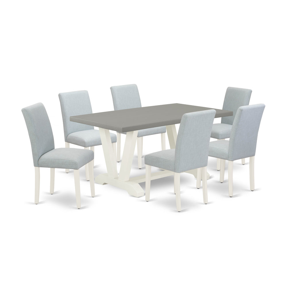 East West Furniture V096AB015-7 7 Piece Dining Set Consist of a Rectangle Dining Room Table with V-Legs and 6 Baby Blue Linen Fabric Upholstered Parson Chairs, 36x60 Inch, Multi-Color