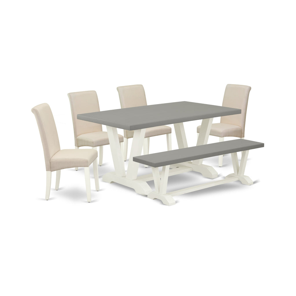 East West Furniture V096BA201-6 6 Piece Kitchen Table Set Contains a Rectangle Dining Table with V-Legs and 4 Cream Linen Fabric Parson Chairs with a Bench, 36x60 Inch, Multi-Color