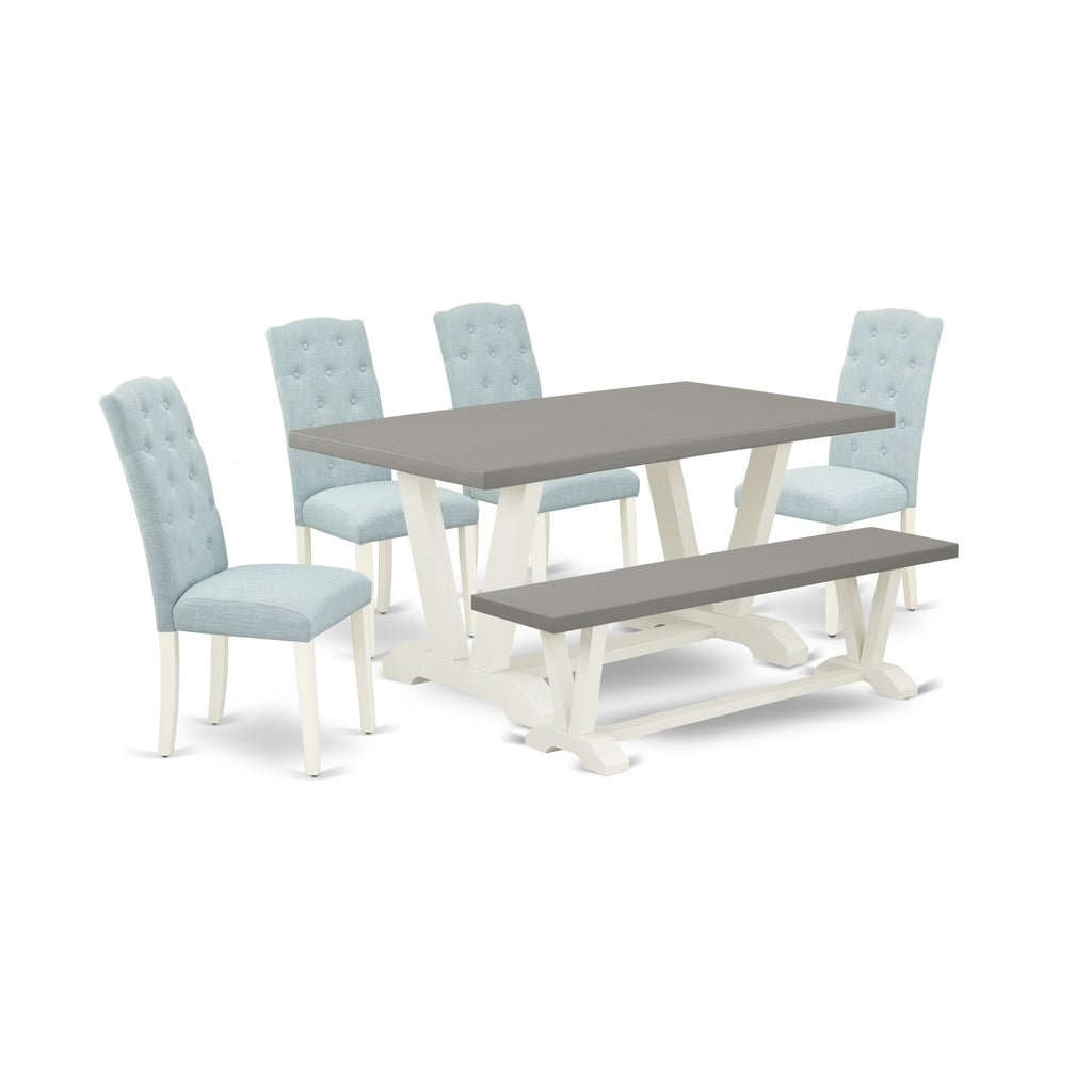 East West Furniture V096CE215-6 6 Piece Kitchen Table Set Contains a Rectangle Dining Table with V-Legs and 4 Baby Blue Linen Fabric Upholstered Chairs with a Bench, 36x60 Inch, Multi-Color