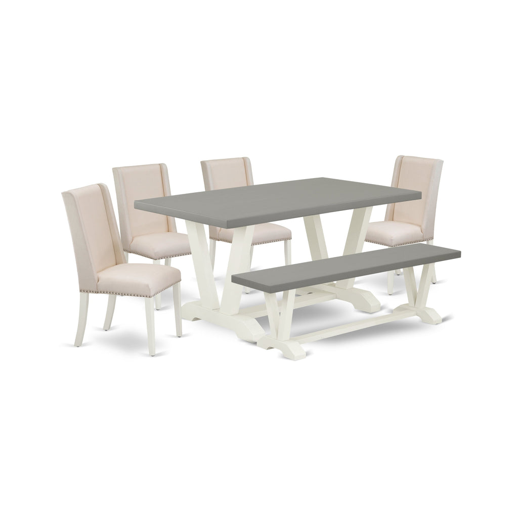 East West Furniture V096FL201-6 6 Piece Dining Set Contains a Rectangle Dining Room Table with V-Legs and 4 Cream Linen Fabric Parson Chairs with a Bench, 36x60 Inch, Multi-Color