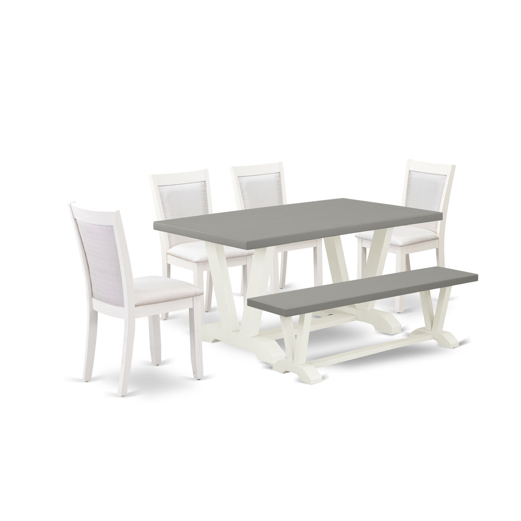 East West Furniture V096MZ001-6 6 Piece Dining Set Contains a Rectangle Dining Room Table with V-Legs and 4 Cream Linen Fabric Parson Chairs with a Bench, 36x60 Inch, Multi-Color