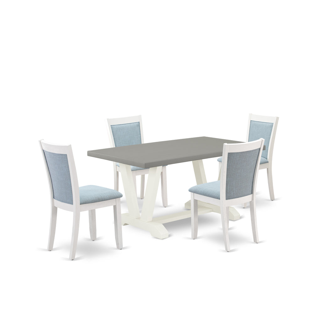 East West Furniture V096MZ015-5 5 Piece Modern Dining Table Set Includes a Rectangle Wooden Table with V-Legs and 4 Baby Blue Linen Fabric Upholstered Chairs, 36x60 Inch, Multi-Color