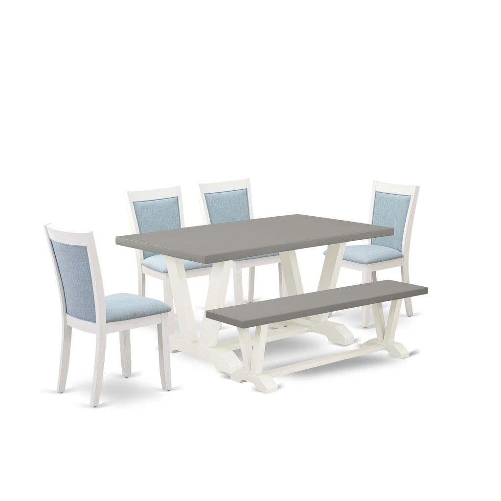 East West Furniture V096MZ015-6 6 Piece Dining Table Set Contains a Rectangle Dining Room Table and 4 Baby Blue Linen Fabric Parson Chairs with a Bench, 36x60 Inch, Multi-Color