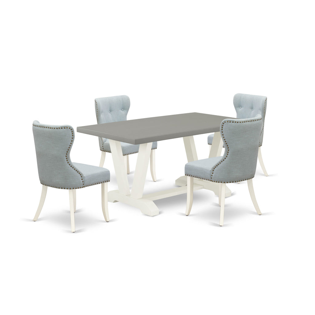 East West Furniture V096SI215-5 5 Piece Dining Room Table Set Includes a Rectangle Dining Table with V-Legs and 4 Baby Blue Linen Fabric Upholstered Chairs, 36x60 Inch, Multi-Color