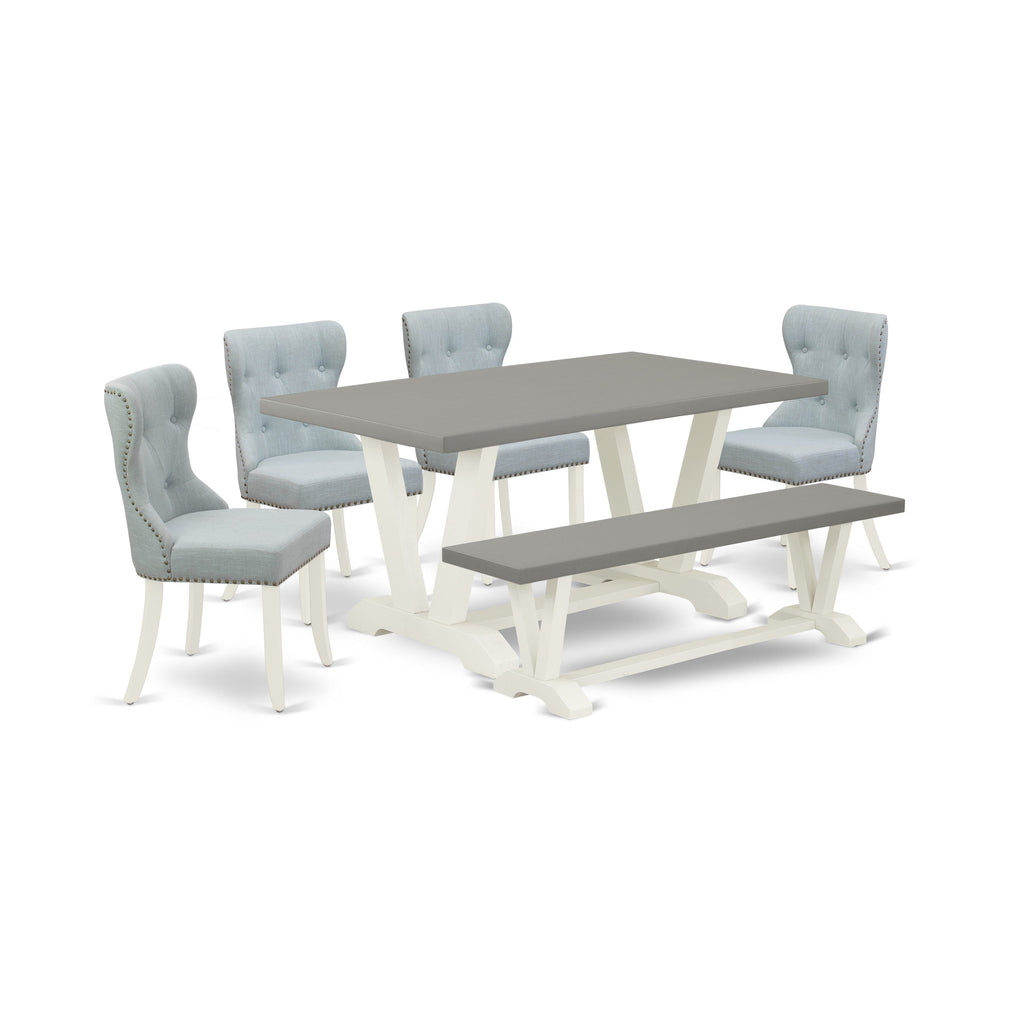 East West Furniture V096SI215-6 6 Piece Dining Table Set Contains a Rectangle Dining Room Table and 4 Baby Blue Linen Fabric Parson Chairs with a Bench, 36x60 Inch, Multi-Color