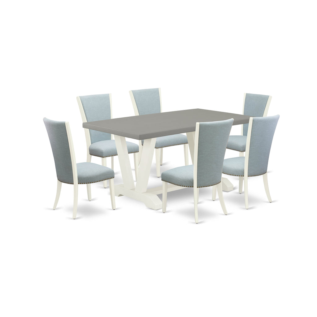 East West Furniture V096VE215-7 7 Piece Dining Room Furniture Set Consist of a Rectangle Dining Table with V-Legs and 6 Baby Blue Linen Fabric Parsons Chairs, 36x60 Inch, Multi-Color