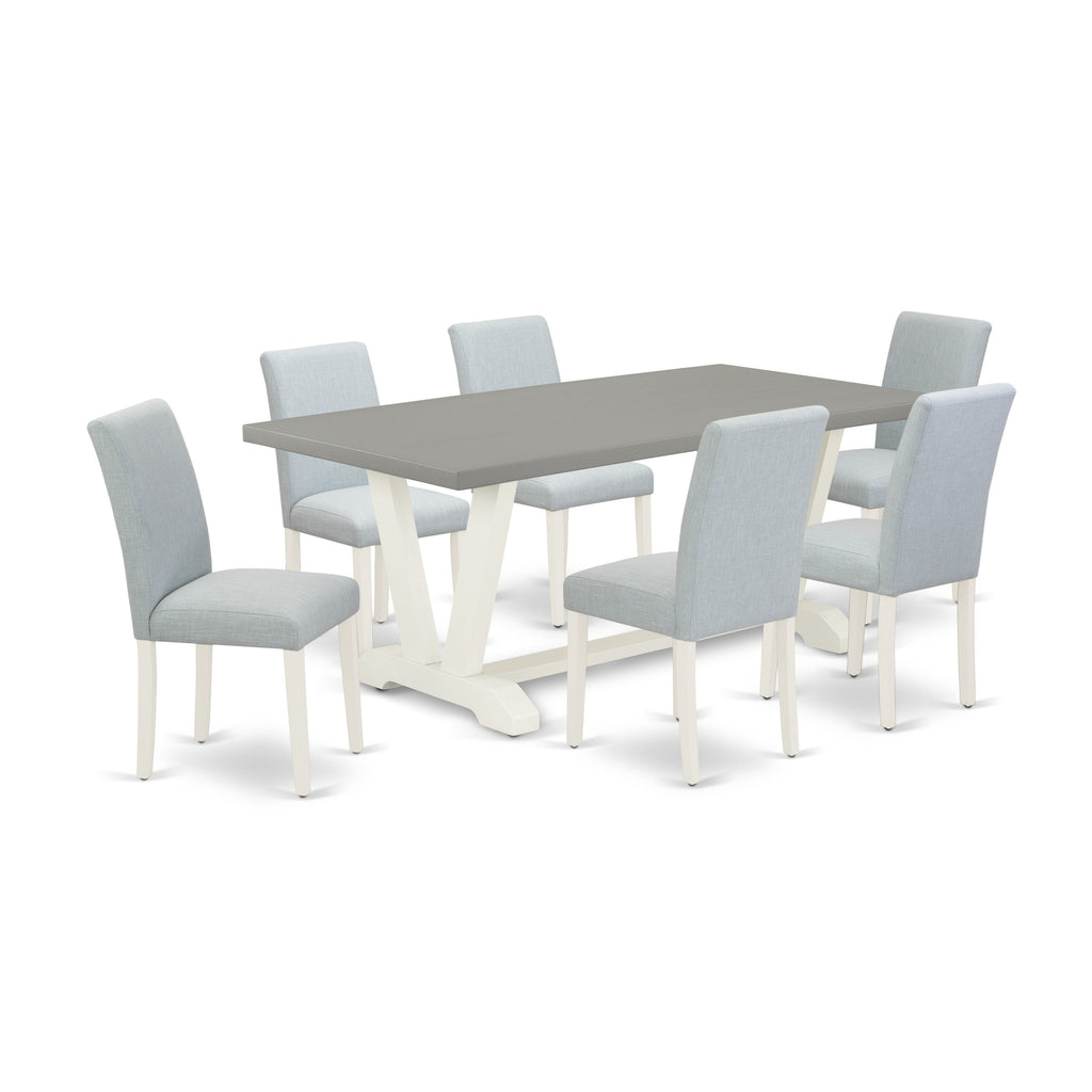 East West Furniture V097AB015-7 7 Piece Kitchen Table Set Consist of a Rectangle Dining Table with V-Legs and 6 Baby Blue Linen Fabric Parsons Dining Chairs, 40x72 Inch, Multi-Color