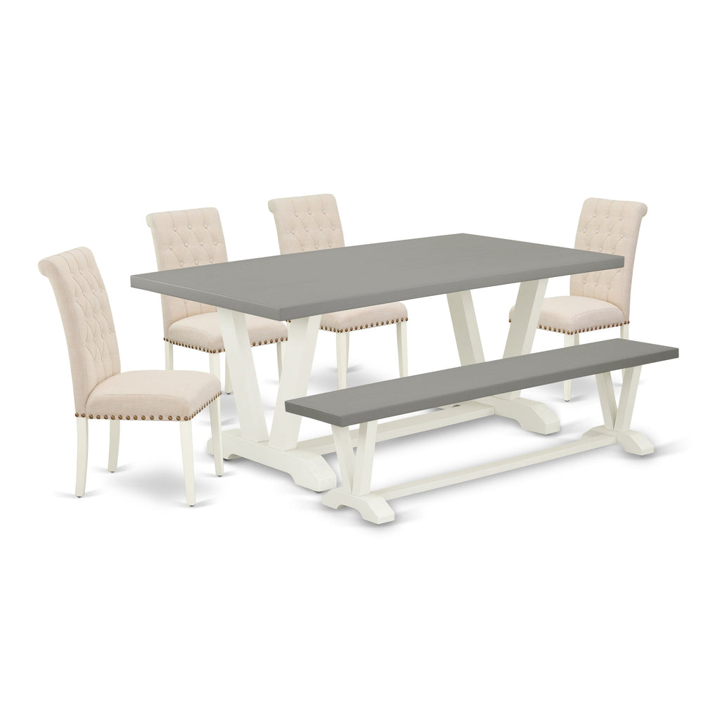 East West Furniture V097BR202-6 6 Piece Dining Table Set Contains a Rectangle Kitchen Table with V-Legs and 4 Light Beige Linen Fabric Parson Chairs with a Bench, 40x72 Inch, Multi-Color