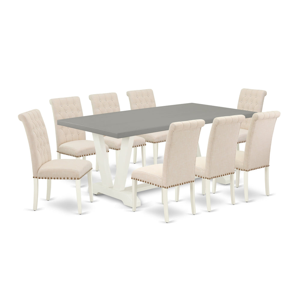 East West Furniture V097BR202-9 9 Piece Dining Room Table Set Includes a Rectangle Kitchen Table with V-Legs and 8 Light Beige Linen Fabric Parsons Dining Chairs, 40x72 Inch, Multi-Color
