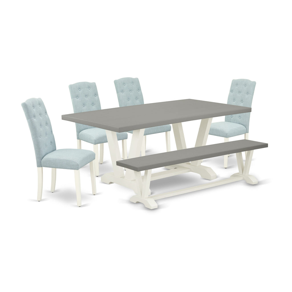 East West Furniture V097CE215-6 6 Piece Dining Set Contains a Rectangle Dining Room Table with V-Legs and 4 Baby Blue Linen Fabric Upholstered Chairs with a Bench, 40x72 Inch, Multi-Color