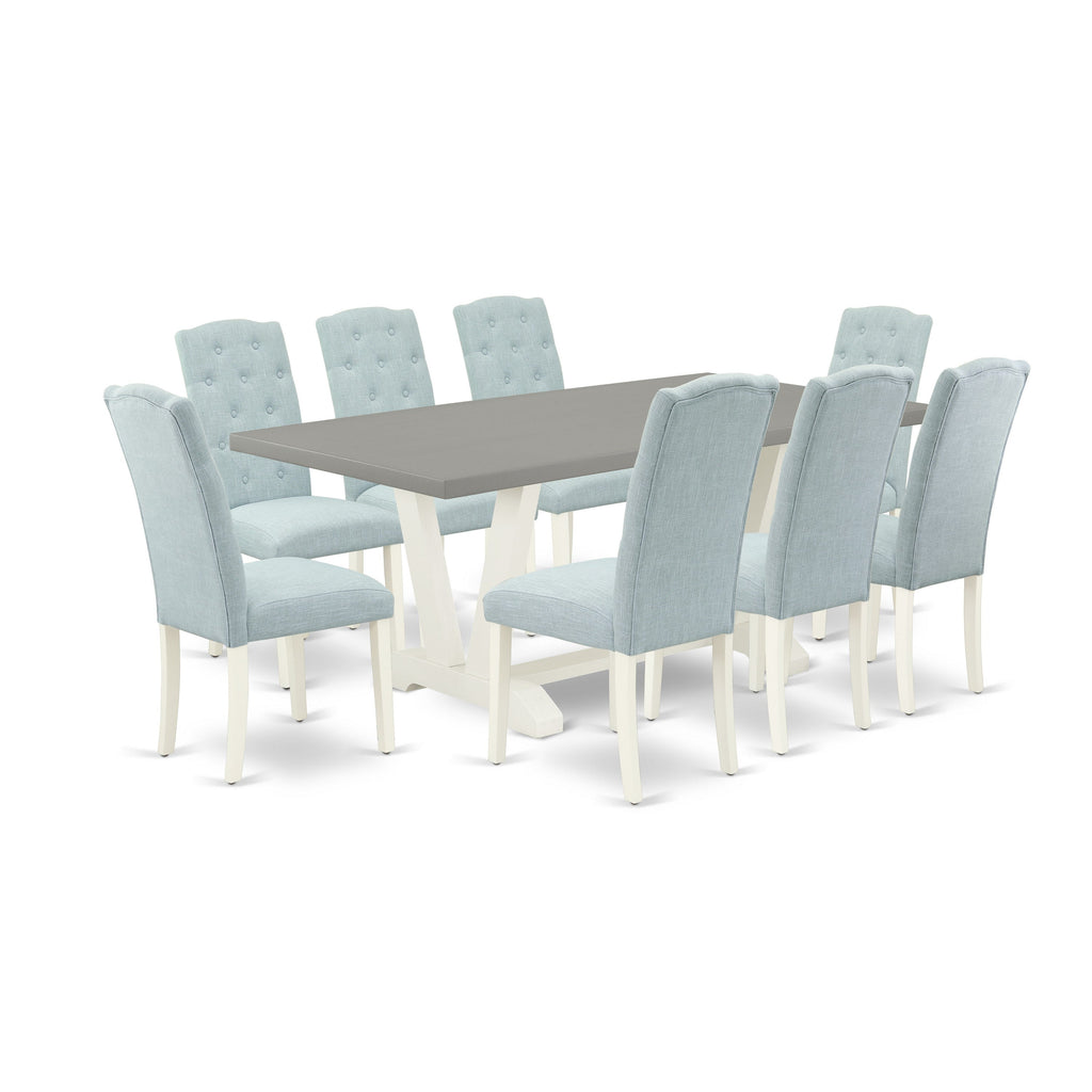 East West Furniture V097CE215-9 9 Piece Kitchen Table Set Includes a Rectangle Dining Table with V-Legs and 8 Baby Blue Linen Fabric Parsons Dining Chairs, 40x72 Inch, Multi-Color