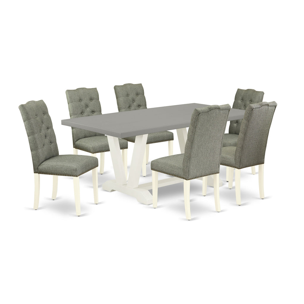 East West Furniture V097EL207-7 7 Piece Dining Table Set Consist of a Rectangle Kitchen Table with V-Legs and 6 Gray Linen Fabric Parson Dining Room Chairs, 40x72 Inch, Multi-Color