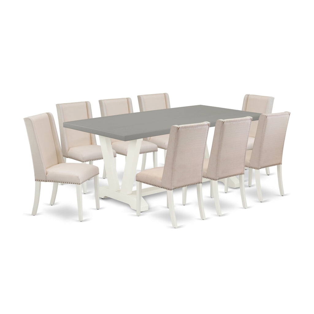 East West Furniture V097FL201-9 9 Piece Kitchen Table & Chairs Set Includes a Rectangle Dining Room Table with V-Legs and 8 Cream Linen Fabric Upholstered Chairs, 40x72 Inch, Multi-Color