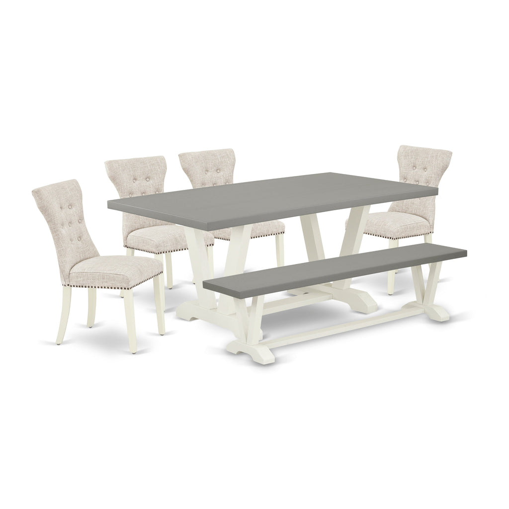 East West Furniture V097GA235-6 6 Piece Dining Table Set Contains a Rectangle Dining Room Table with V-Legs and 4 Doeskin Linen Fabric Parson Chairs with a Bench, 40x72 Inch, Multi-Color