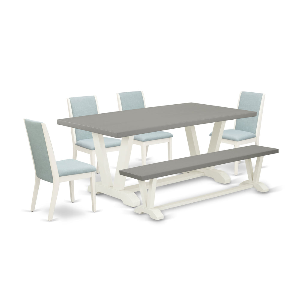 East West Furniture V097LA015-6 6 Piece Dining Table Set Contains a Rectangle Dining Room Table with V-Legs and 4 Baby Blue Linen Fabric Parson Chairs with a Bench, 40x72 Inch, Multi-Color
