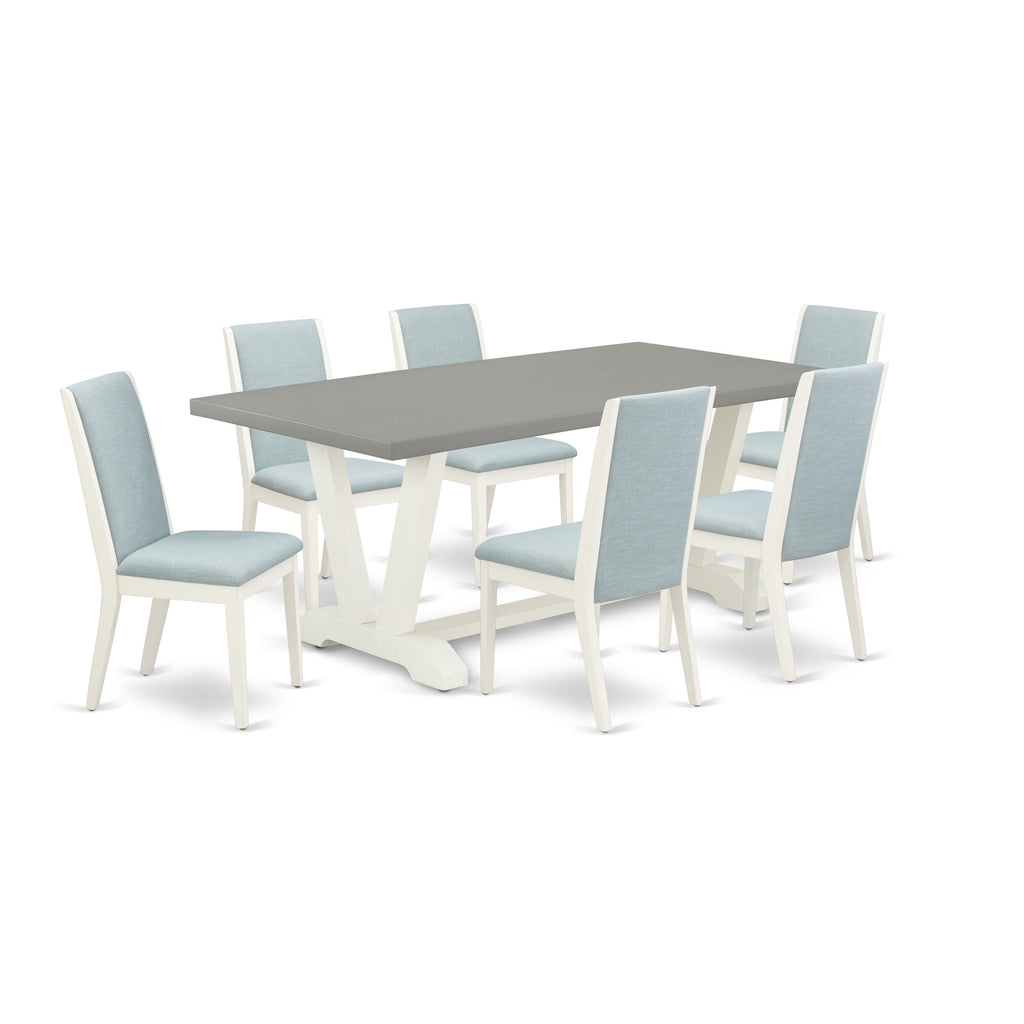East West Furniture V097LA015-7 7 Piece Dinette Set Consist of a Rectangle Dining Table with V-Legs and 6 Baby Blue Linen Fabric Parson Dining Room Chairs, 40x72 Inch, Multi-Color