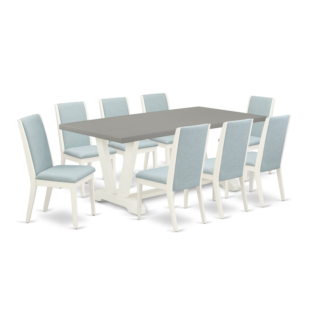 East West Furniture V097LA015-9 9 Piece Kitchen Table & Chairs Set Includes a Rectangle Dining Table with V-Legs and 8 Baby Blue Linen Fabric Parson Chairs, 40x72 Inch, Multi-Color