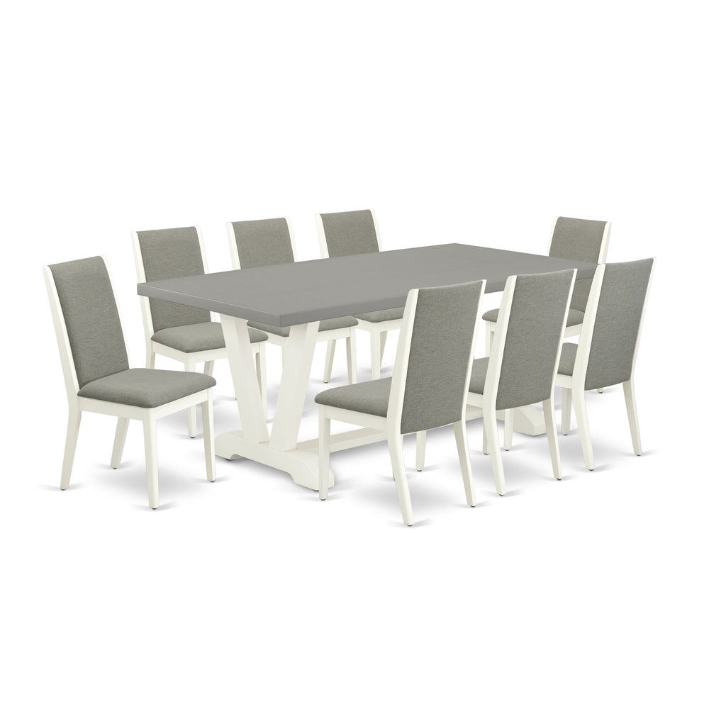 East West Furniture V097LA206-9 9 Piece Dining Set Includes a Rectangle Dining Room Table with V-Legs and 8 Shitake Linen Fabric Upholstered Parson Chairs, 40x72 Inch, Multi-Color