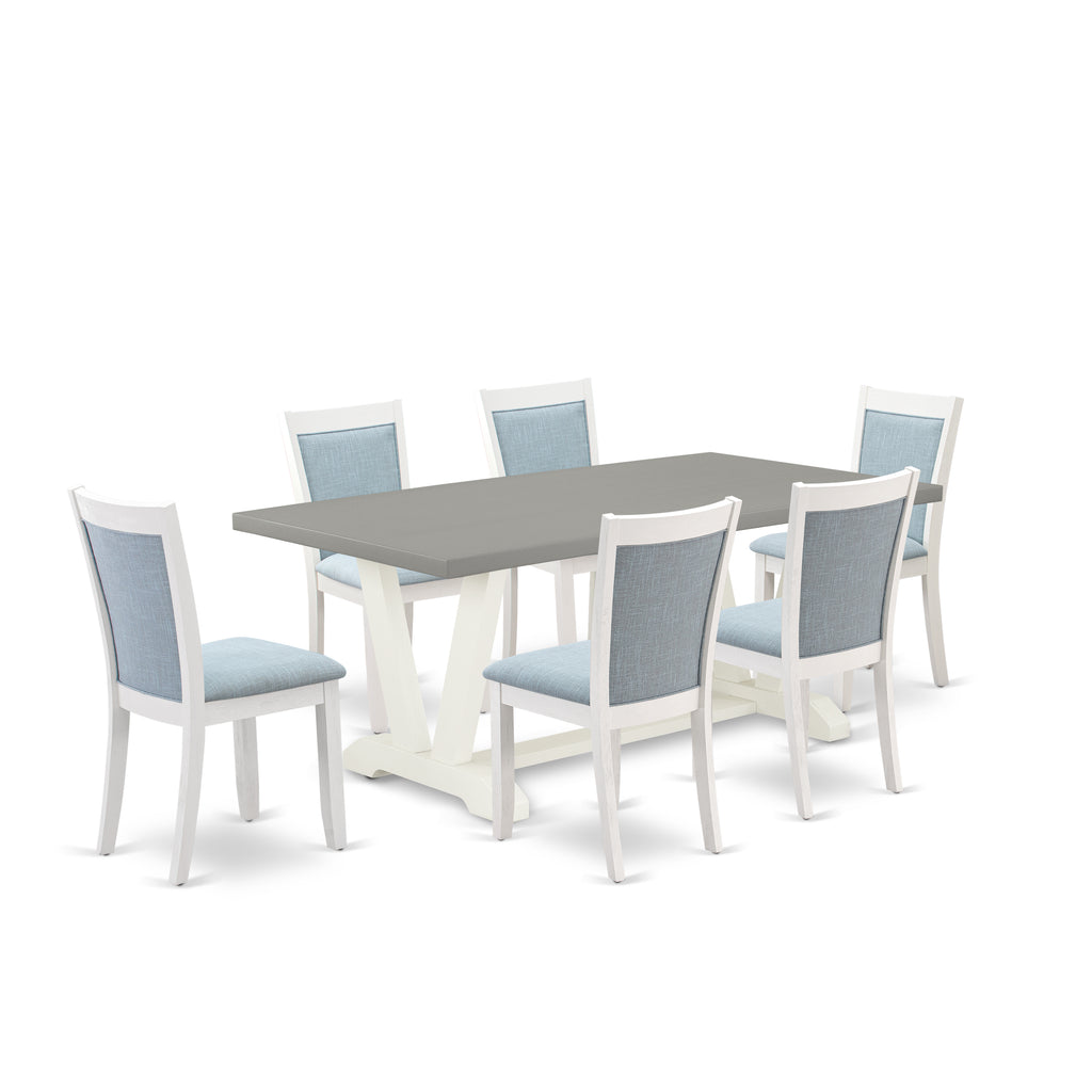 East West Furniture V097MZ015-7 7 Piece Dining Room Table Set Consist of a Rectangle Dining Table with V-Legs and 6 Baby Blue Linen Fabric Upholstered Chairs, 40x72 Inch, Multi-Color