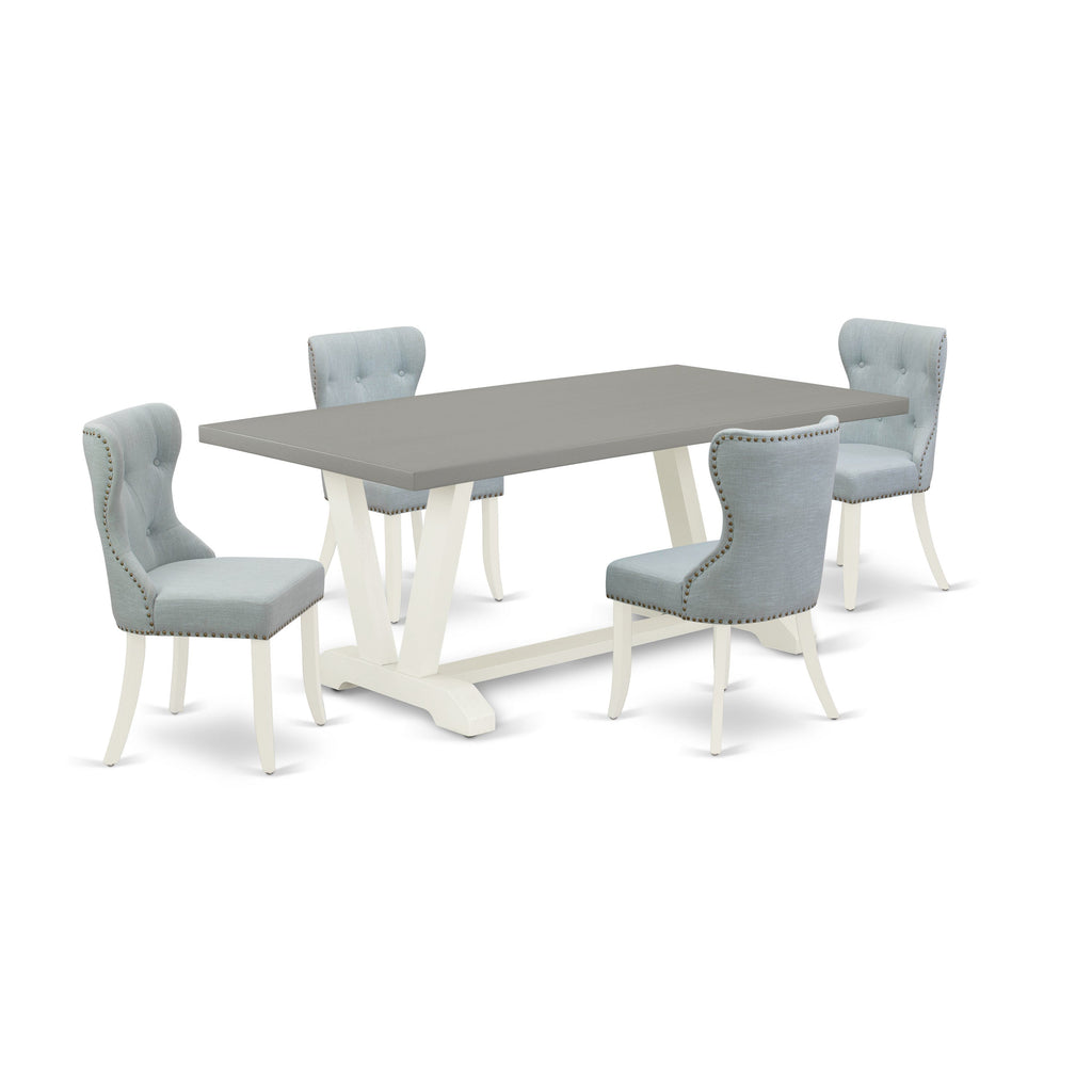 East West Furniture V097SI215-5 5 Piece Dining Table Set for 4 Includes a Rectangle Kitchen Table with V-Legs and 4 Baby Blue Linen Fabric Upholstered Chairs, 40x72 Inch, Multi-Color
