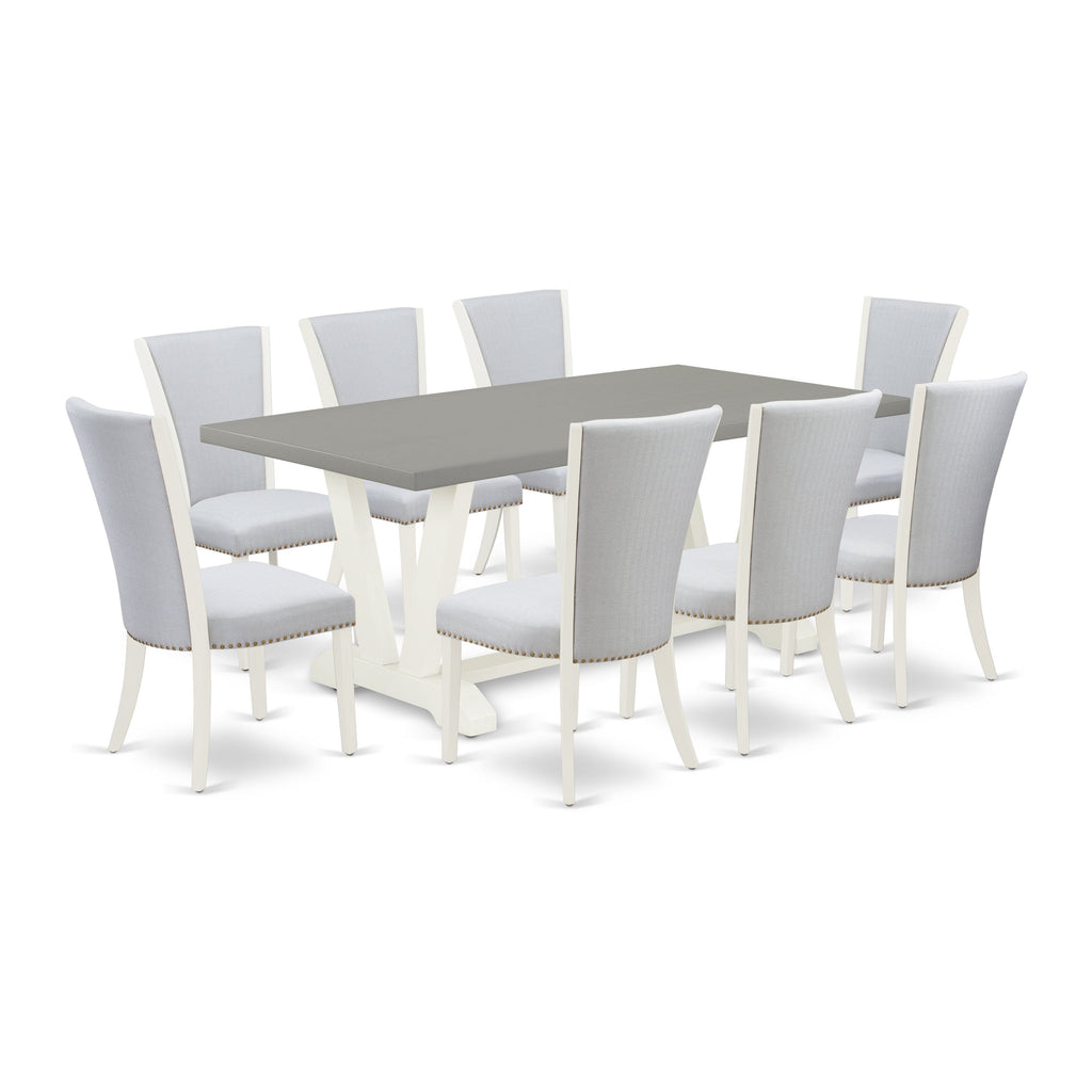 East West Furniture V097VE005-9 9 Piece Modern Dining Table Set Includes a Rectangle Wooden Table with V-Legs and 8 Grey Linen Fabric Upholstered Chairs, 40x72 Inch, Multi-Color