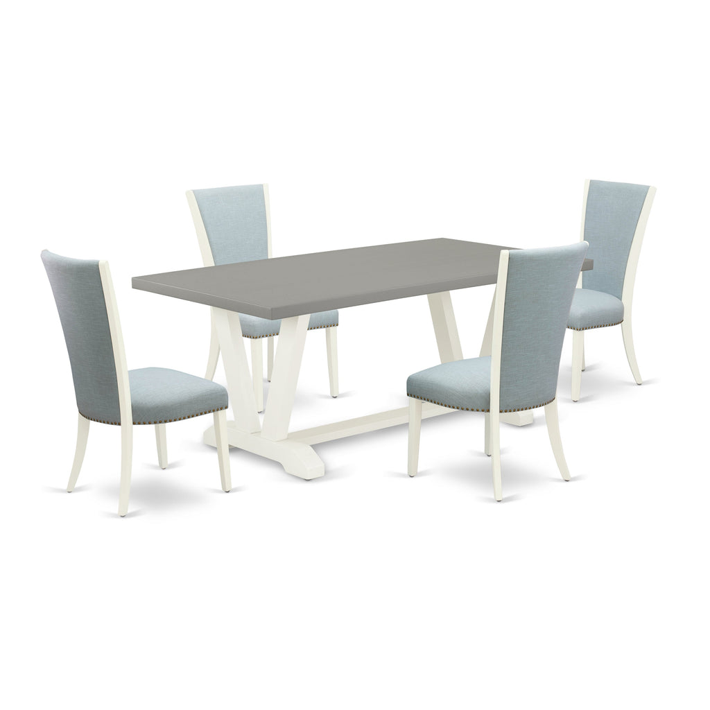 East West Furniture V097VE215-5 5 Piece Kitchen Table & Chairs Set Includes a Rectangle Dining Room Table with V-Legs and 4 Baby Blue Linen Fabric Parsons Chairs, 40x72 Inch, Multi-Color