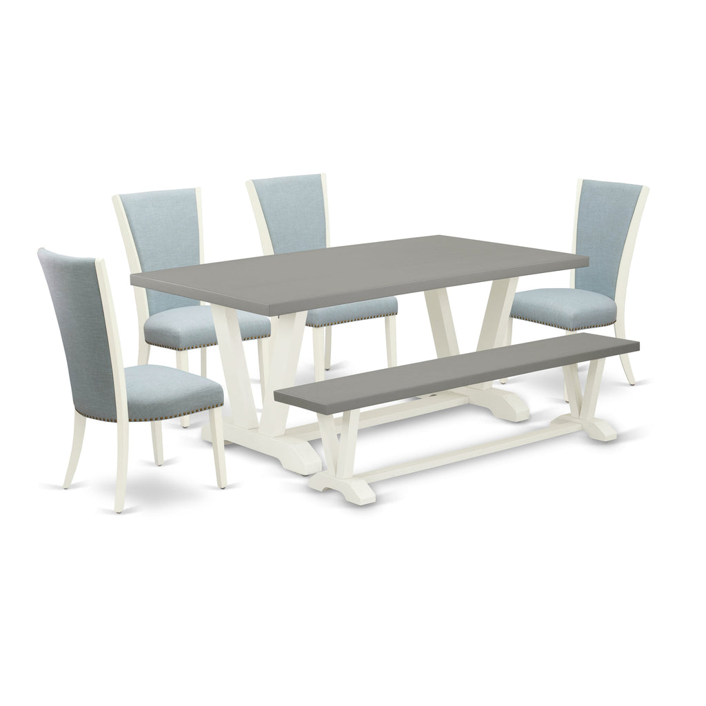 East West Furniture V097VE215-6 6 Piece Kitchen Table Set Contains a Rectangle Dining Table with V-Legs and 4 Baby Blue Linen Fabric Parson Chairs with a Bench, 40x72 Inch, Multi-Color