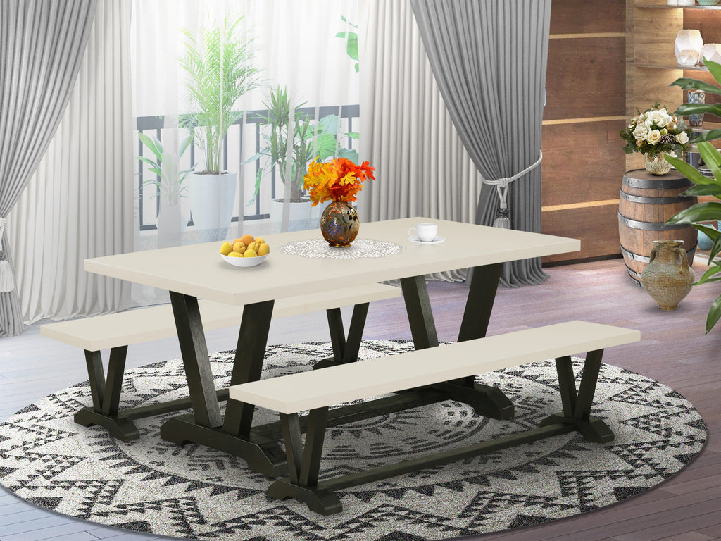 East West Furniture V2-627 3 Piece Modern Dining Table Set Contains a Rectangle Wooden Table with V-Legs and 2 Dining Room Bench, 40x72 Inch, Multi-Color