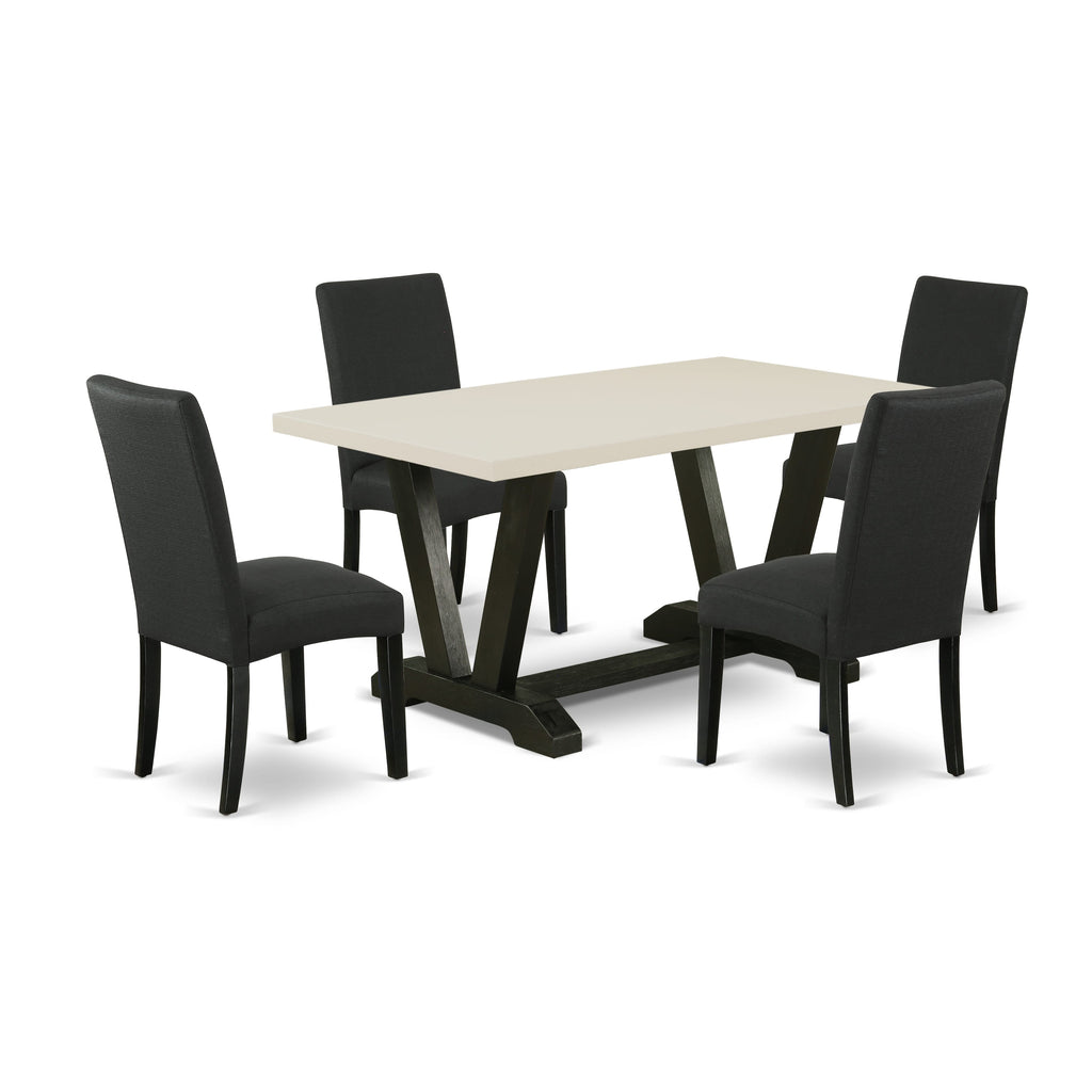 East West Furniture V626DR124-5 5-Pc Dining Table Set- 4 Upholstered Dining Chairs with Black Linen Fabric Seat and Stylish Chair Back - Rectangular Table Top & Wooden Legs - Linen White and Black Finish