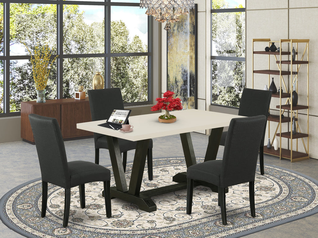 East West Furniture V626DR124-5 5-Pc Dining Table Set- 4 Upholstered Dining Chairs with Black Linen Fabric Seat and Stylish Chair Back - Rectangular Table Top & Wooden Legs - Linen White and Black Finish