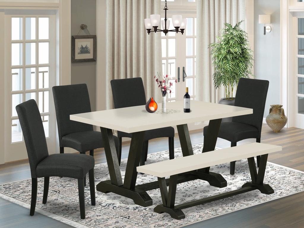 East West Furniture V626DR124-6 6-Pc Kitchen and Dining Room Set- 4 Dining Room Chairs with Black Linen Fabric Seat and Stylish Chair Back - Rectangular Top & Wooden Legs Dining Room table and dining bench - Linen White and Black Finish