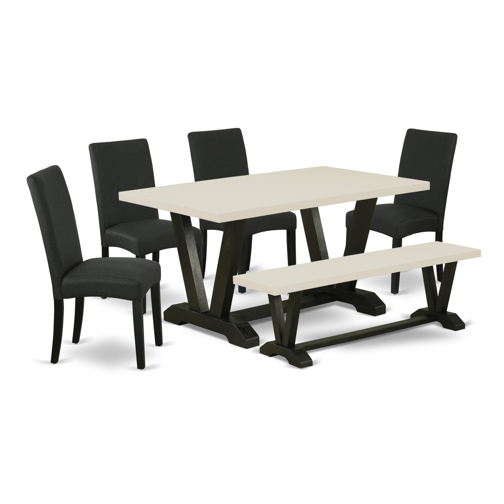 East West Furniture V626DR124-6 6-Pc Kitchen and Dining Room Set- 4 Dining Room Chairs with Black Linen Fabric Seat and Stylish Chair Back - Rectangular Top & Wooden Legs Dining Room table and dining bench - Linen White and Black Finish