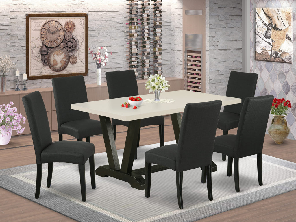 East West Furniture V626DR124-7 7-Pc Dining Table Set- 6 Parson Dining Chairs with Black Linen Fabric Seat and Stylish Chair Back - Rectangular Table Top & Wooden Legs - Linen White and Black Finish