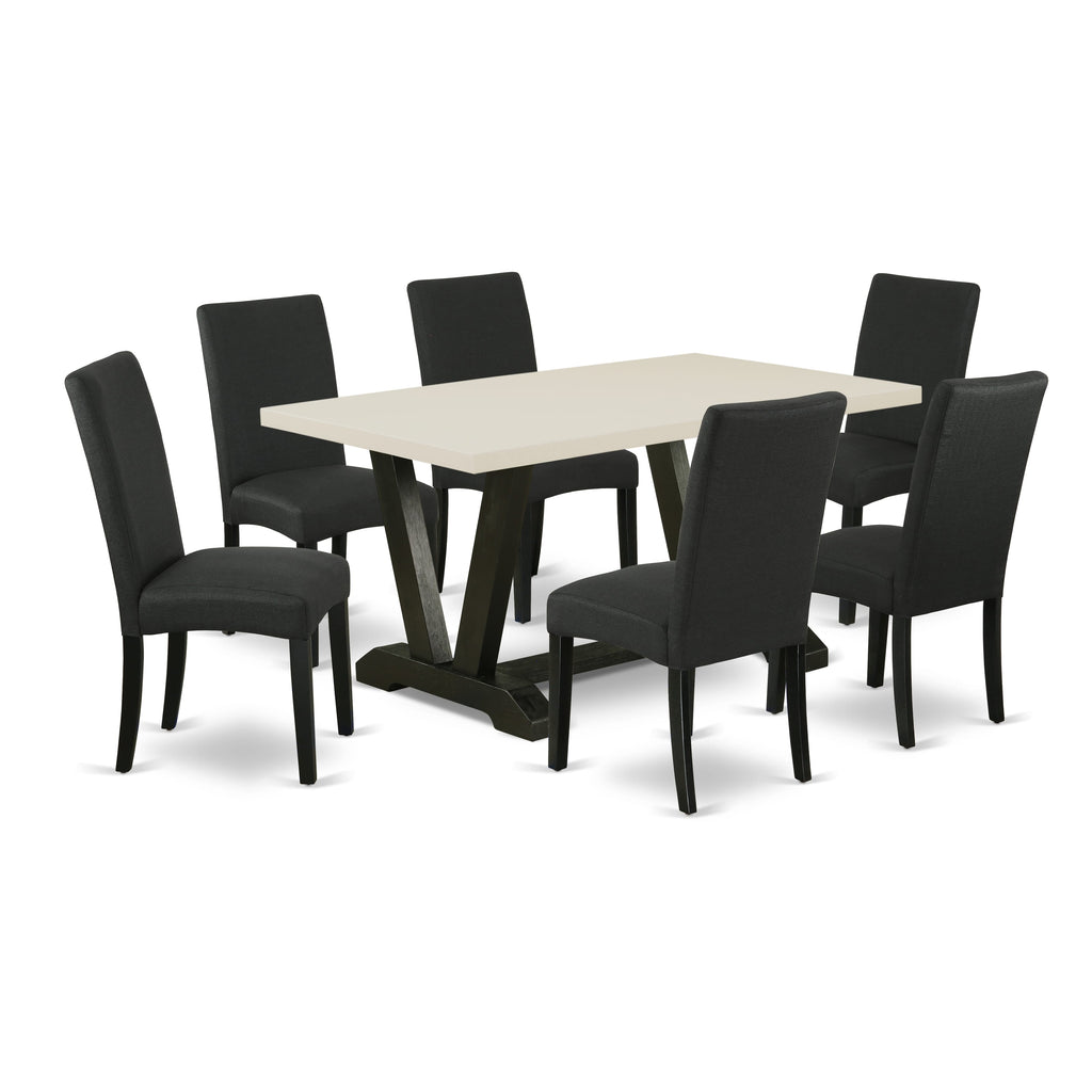 East West Furniture V626DR124-7 7-Pc Dining Table Set- 6 Parson Dining Chairs with Black Linen Fabric Seat and Stylish Chair Back - Rectangular Table Top & Wooden Legs - Linen White and Black Finish