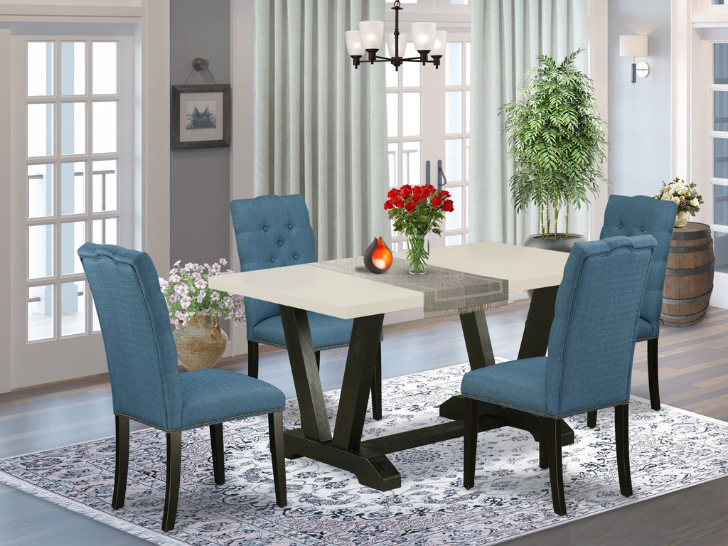 East West Furniture V626EL121-5 5-Piece Gorgeous Rectangular Dining Room Table Set an Excellent Linen White dining table Top and 4 Stunning Linen Fabric Dining Room Chairs with Nail Heads and Button Tufted Chair Back, Wire Brushed Black Finish