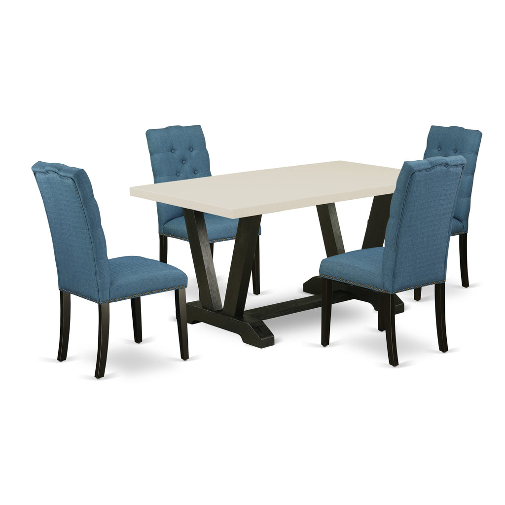 East West Furniture V626EL121-5 5-Piece Gorgeous Rectangular Dining Room Table Set an Excellent Linen White dining table Top and 4 Stunning Linen Fabric Dining Room Chairs with Nail Heads and Button Tufted Chair Back, Wire Brushed Black Finish