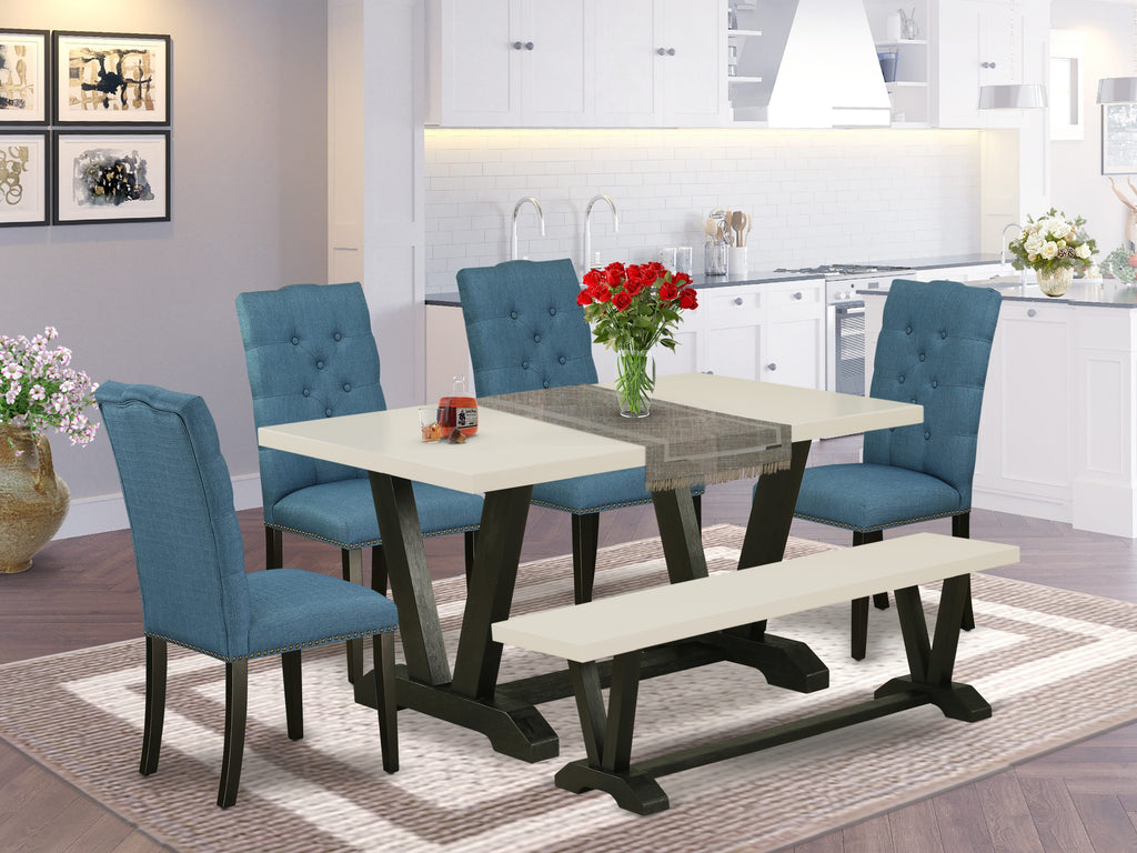 East West Furniture V626EL121-6 6-Piece Fashionable Dining Set an Outstanding Linen White Kitchen Table Top and Linen White Dining Bench and 4 Beautiful Linen Fabric Parson Chairs with Nail Heads and Button Tufted Chair Back, Wire Brushed Black Finish