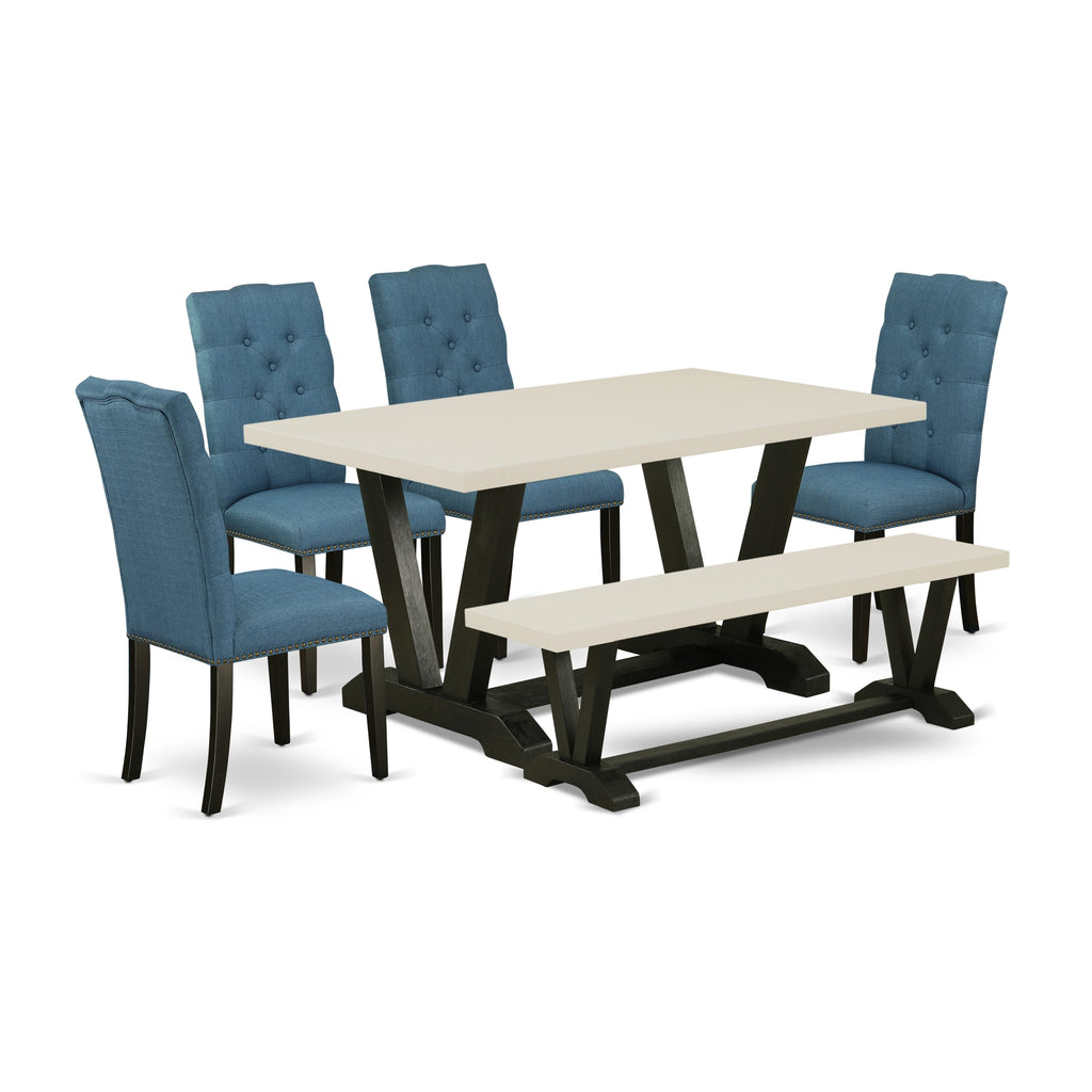 East West Furniture V626EL121-6 6-Piece Fashionable Dining Set an Outstanding Linen White Kitchen Table Top and Linen White Dining Bench and 4 Beautiful Linen Fabric Parson Chairs with Nail Heads and Button Tufted Chair Back, Wire Brushed Black Finish