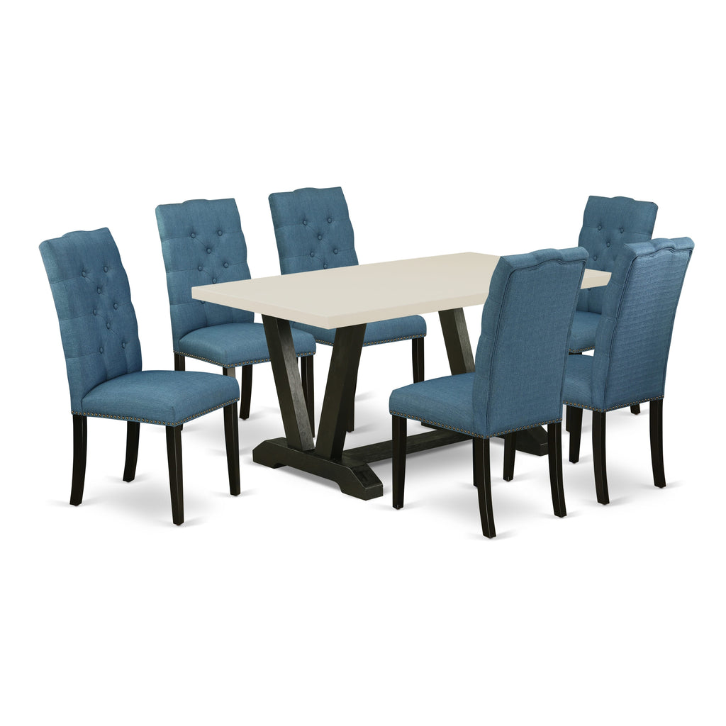 East West Furniture V626EL121-7 7-Piece Gorgeous Rectangular Table Set an Outstanding Linen White dining table Top and 6 Lovely Linen Fabric Dining Chairs with Nail Heads and Button Tufted Chair Back, Wire Brushed Black Finish