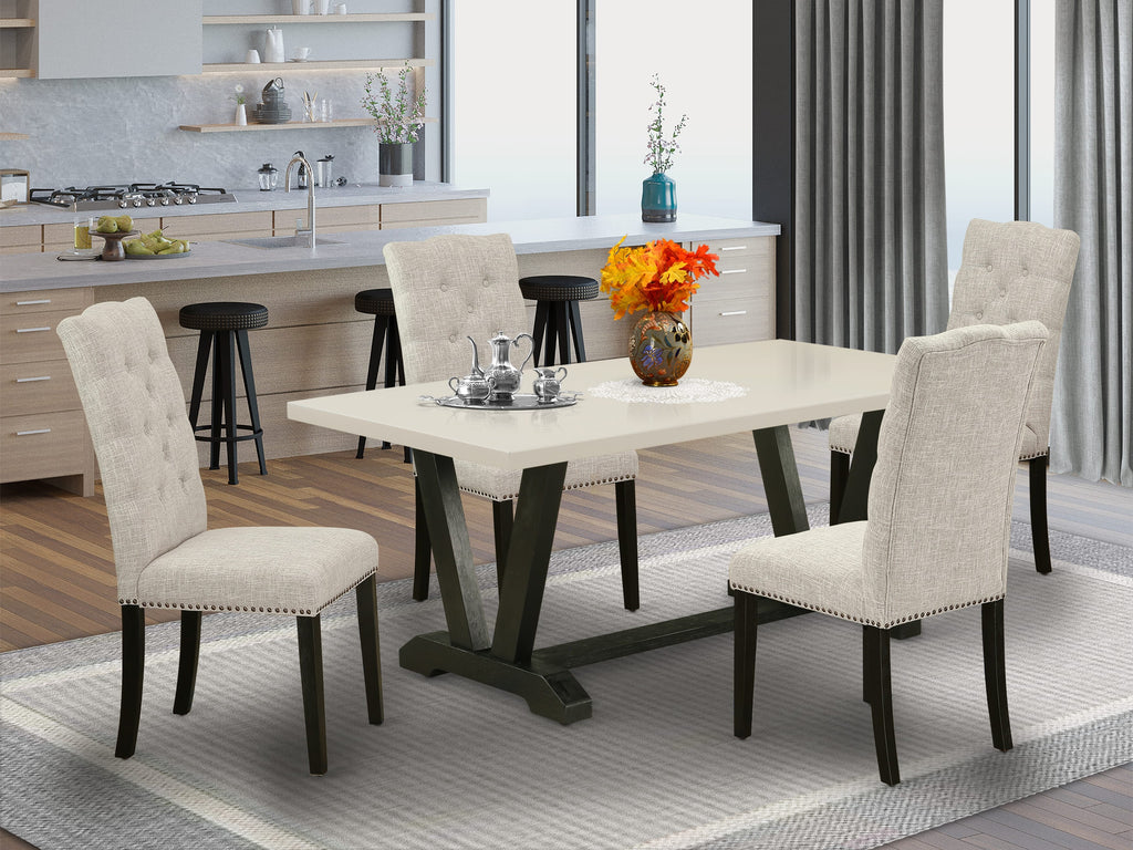 East West Furniture V626EL635-5 5-Pc rectangular Dinette Set Included 4 Dining chairs Upholstered Seat and High Button Tufted Chair Back and Rectangular Mid Century Dining Table with Linen White rectangular Table Top - Black Finish