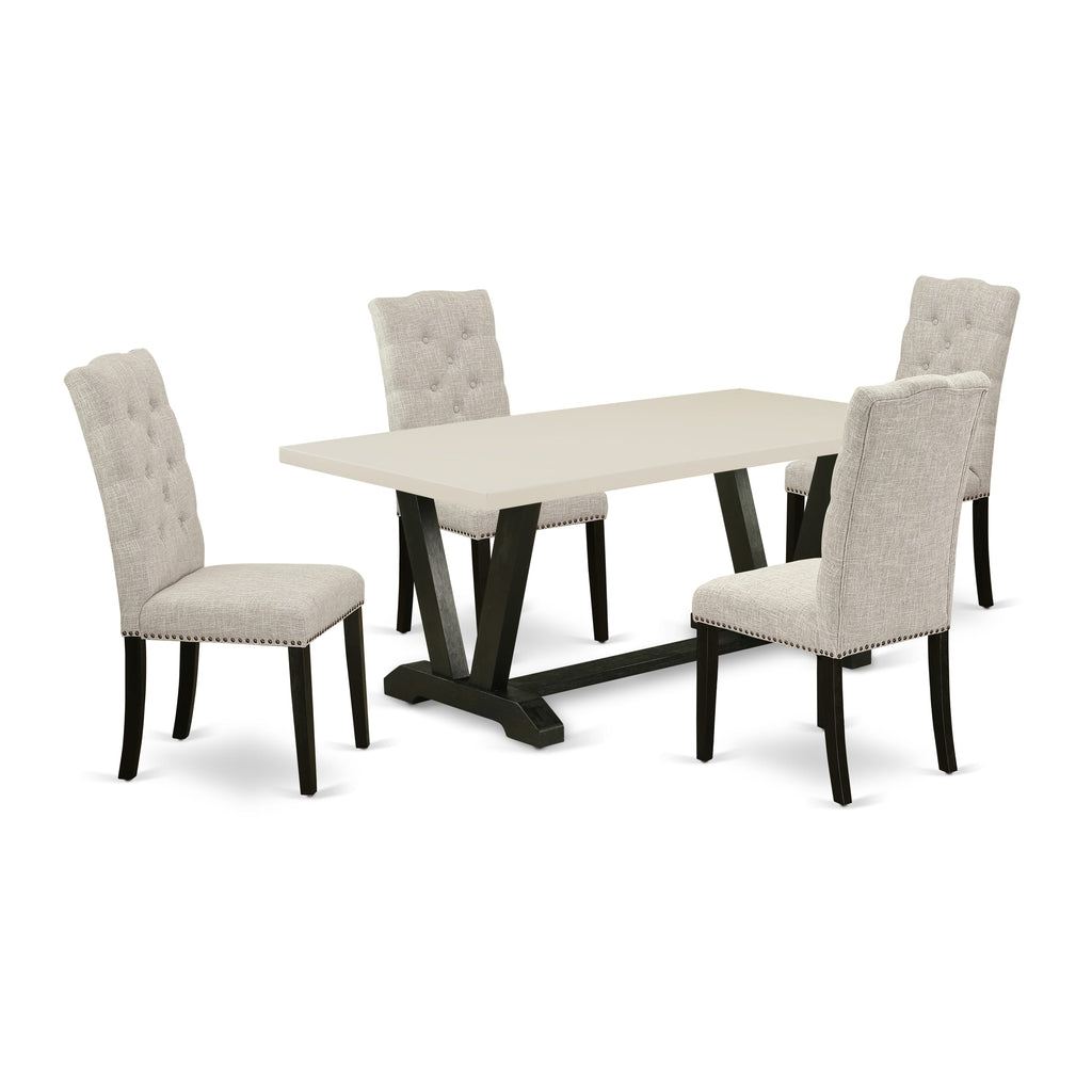 East West Furniture V626EL635-5 5-Pc rectangular Dinette Set Included 4 Dining chairs Upholstered Seat and High Button Tufted Chair Back and Rectangular Mid Century Dining Table with Linen White rectangular Table Top - Black Finish