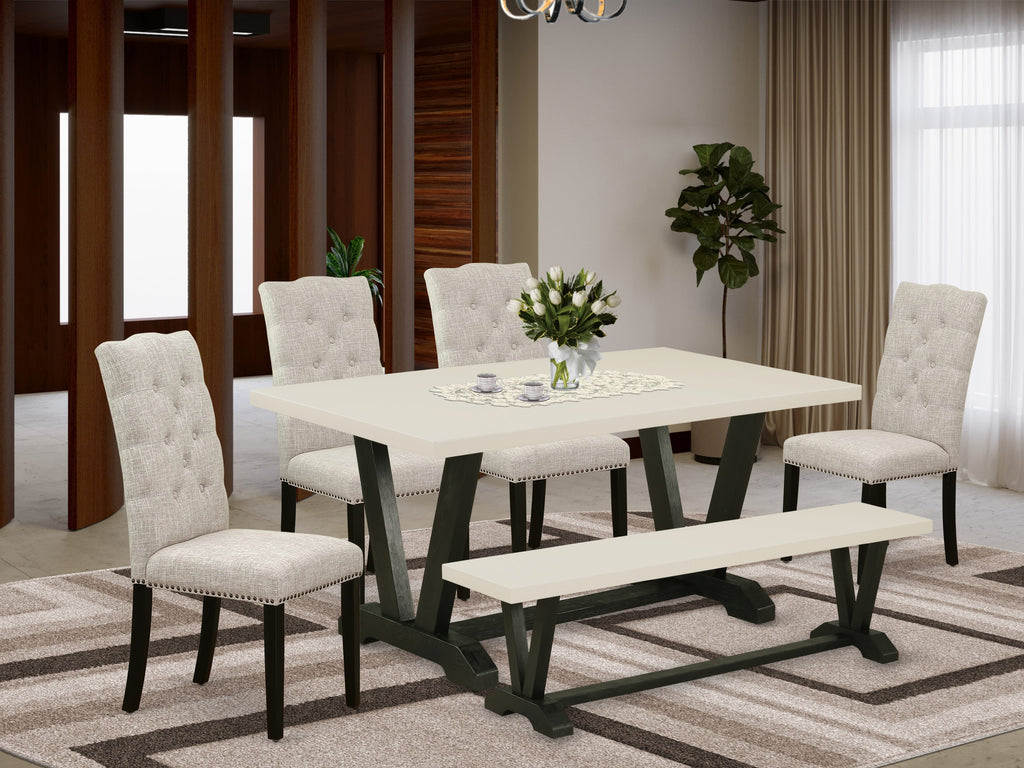 East West Furniture V626EL635-6 6-Pc Dinette Set-Doeskin Linen Fabric Seat and Button Tufted Chair Back kitchen parson chairs, A Rectangular Bench and Rectangular Top Dinette Table with Wooden Legs - Linen White and Wire brushed Black Finish