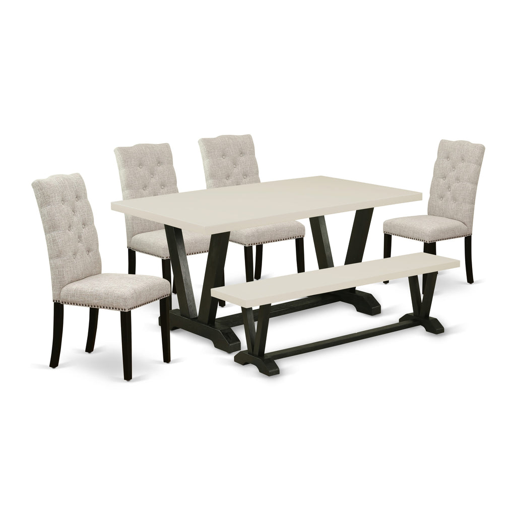 East West Furniture V626EL635-6 6-Pc Dinette Set-Doeskin Linen Fabric Seat and Button Tufted Chair Back kitchen parson chairs, A Rectangular Bench and Rectangular Top Dinette Table with Wooden Legs - Linen White and Wire brushed Black Finish