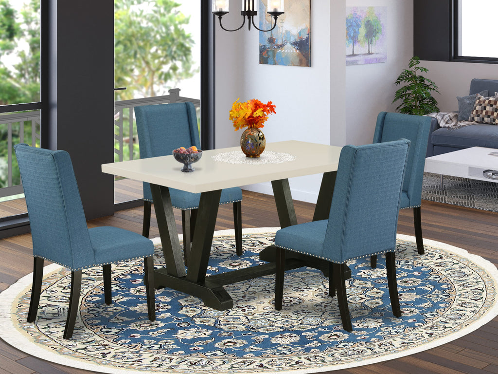 East West Furniture V626FL121-5 5-Piece Stylish Dinette Set an Excellent Linen White dining table Top and 4 Excellent Linen Fabric Dining Chairs with Nail Heads and Stylish Chair Back, Wire Brushed Black Finish